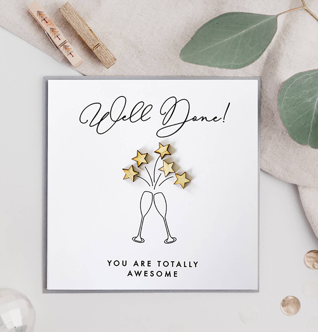 Champagne Satin Square Greeting Card with Wooden Decoration