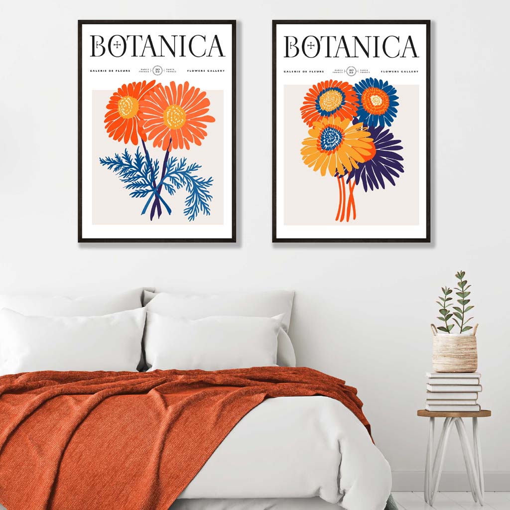 Bright Orange and Blue Summer Flower Art Prints - Set of 2