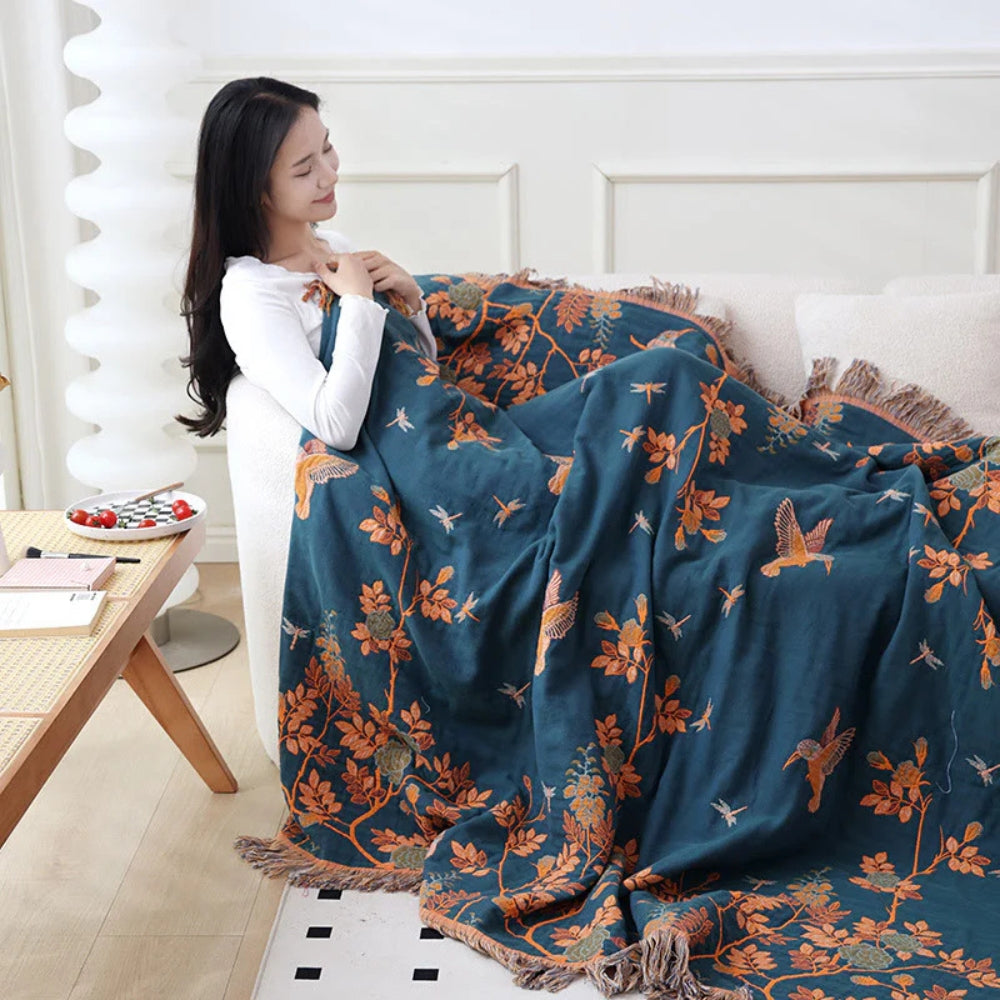 Ornate Jacquard Cotton Blanket with Tasseled Edges