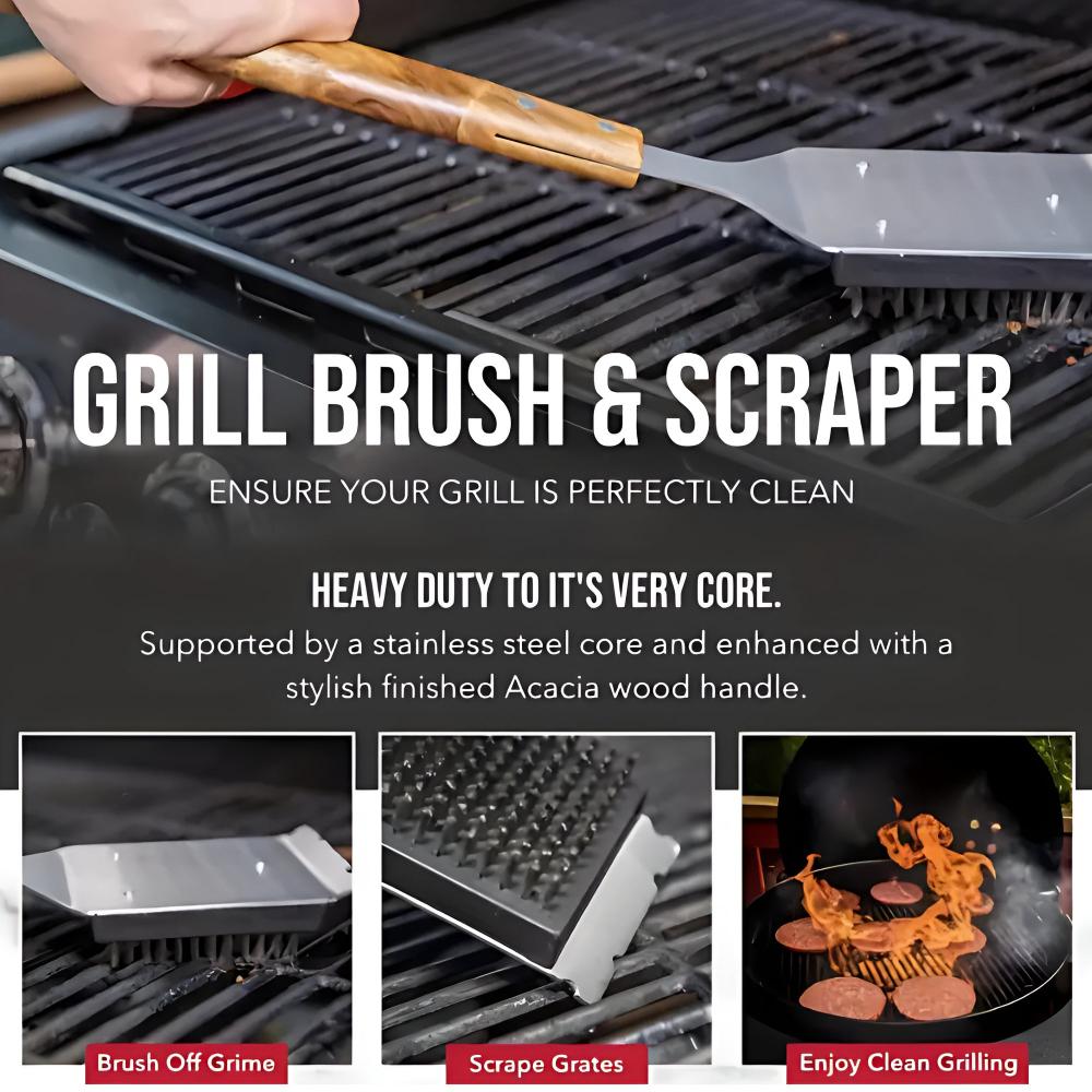 Stainless Steel Grill Brush with Ergonomic Wooden Handle