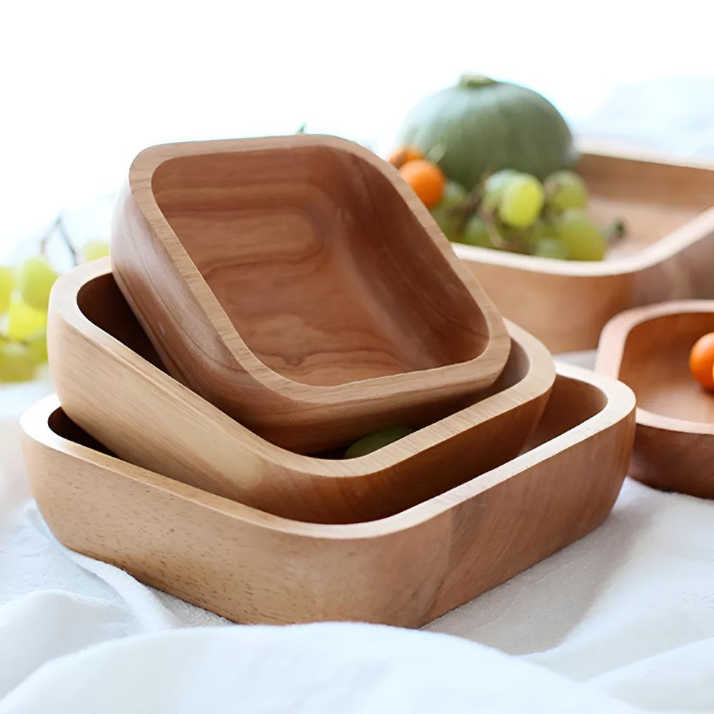 Natural Rubber Wood Square Serving Bowl