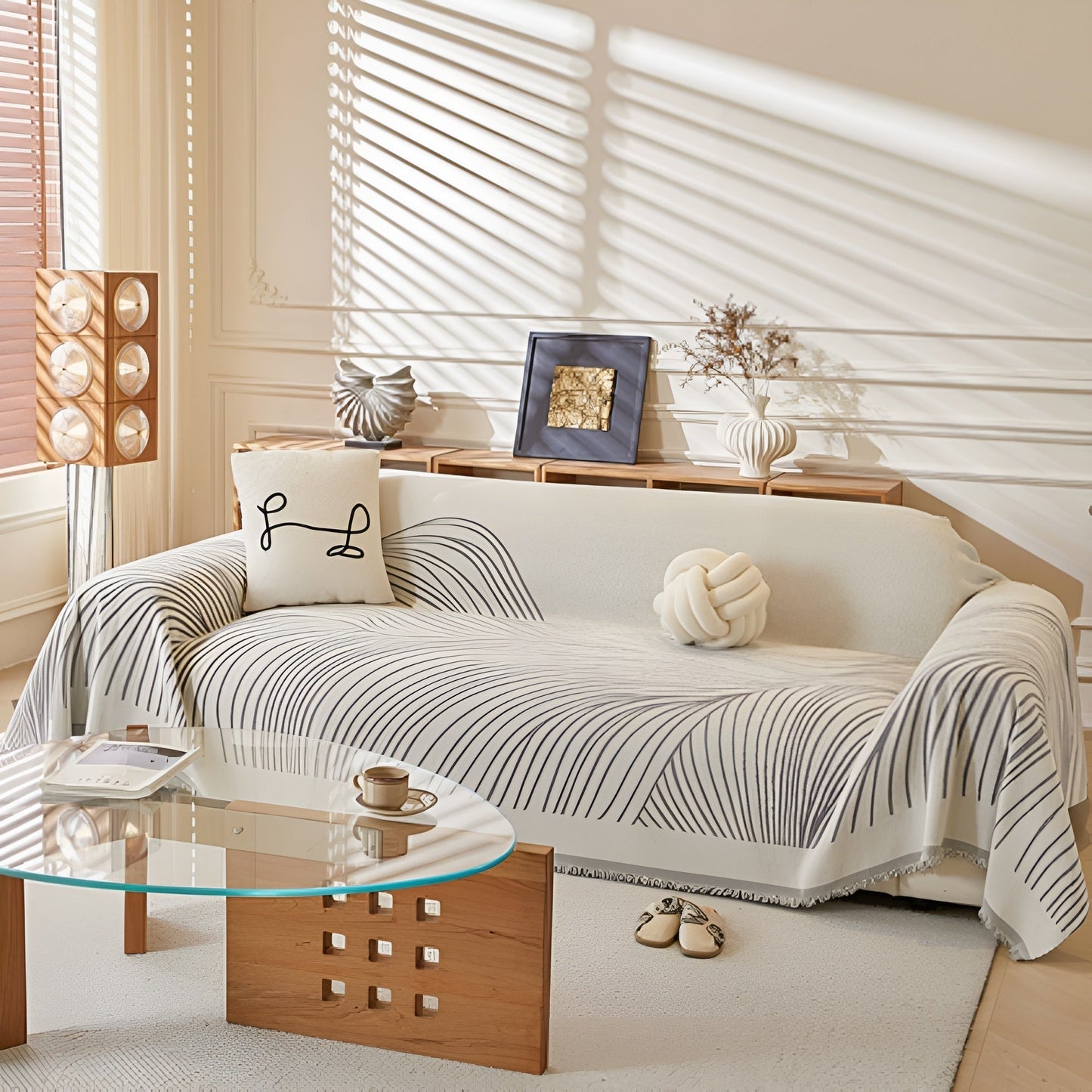 Chenille Wave Pattern Sofa Cover with Tassels
