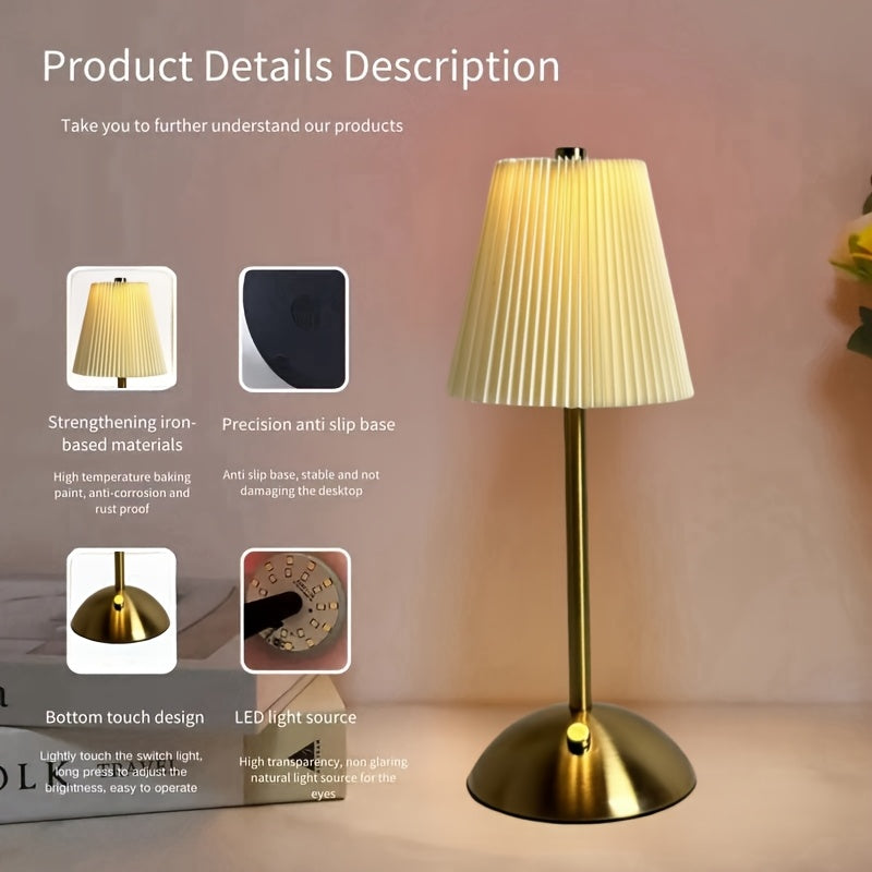Modern Rechargeable Touch Control LED Table Lamp with Pleated Shade
