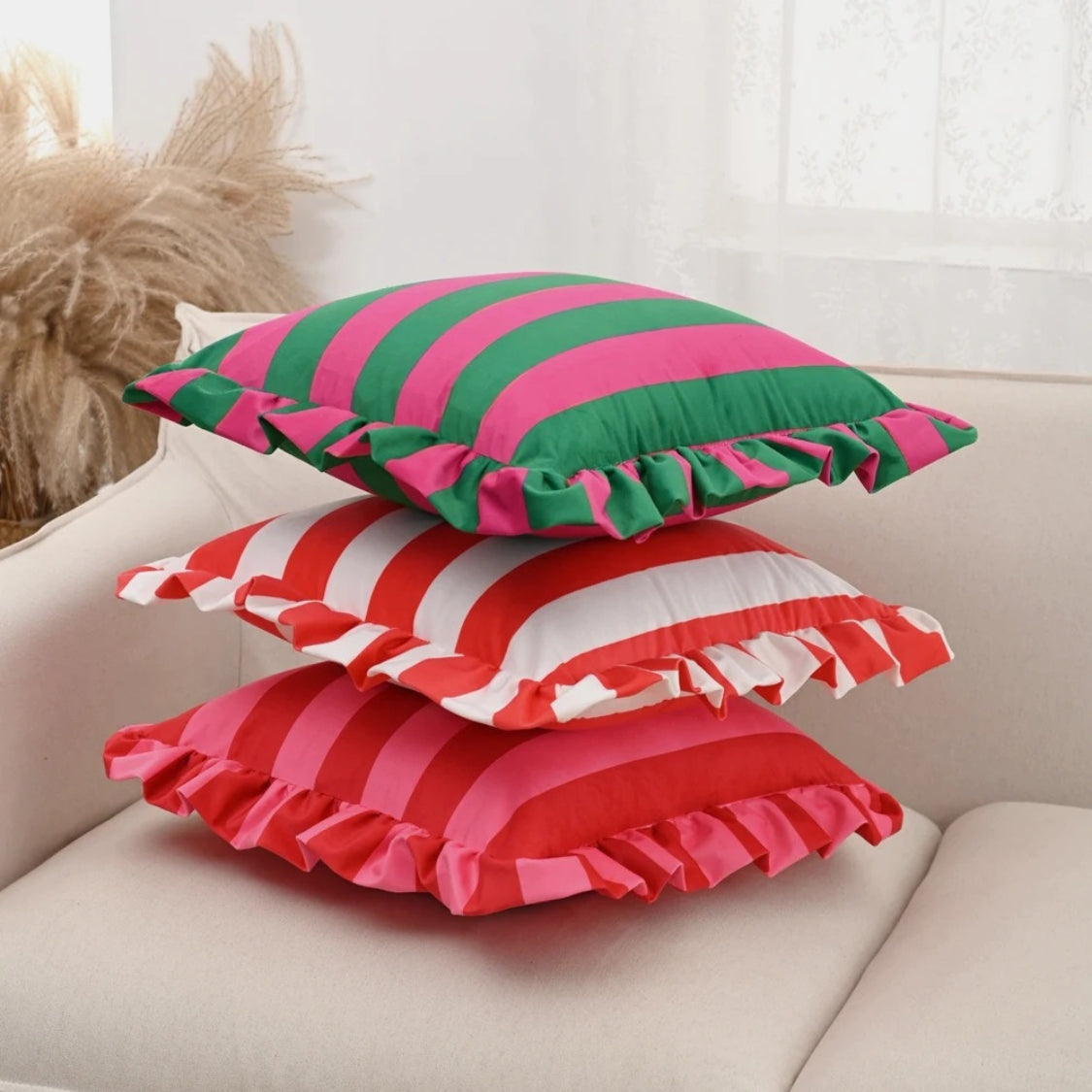 Striped Ruffle Cushion Cover in Soft Microfiber