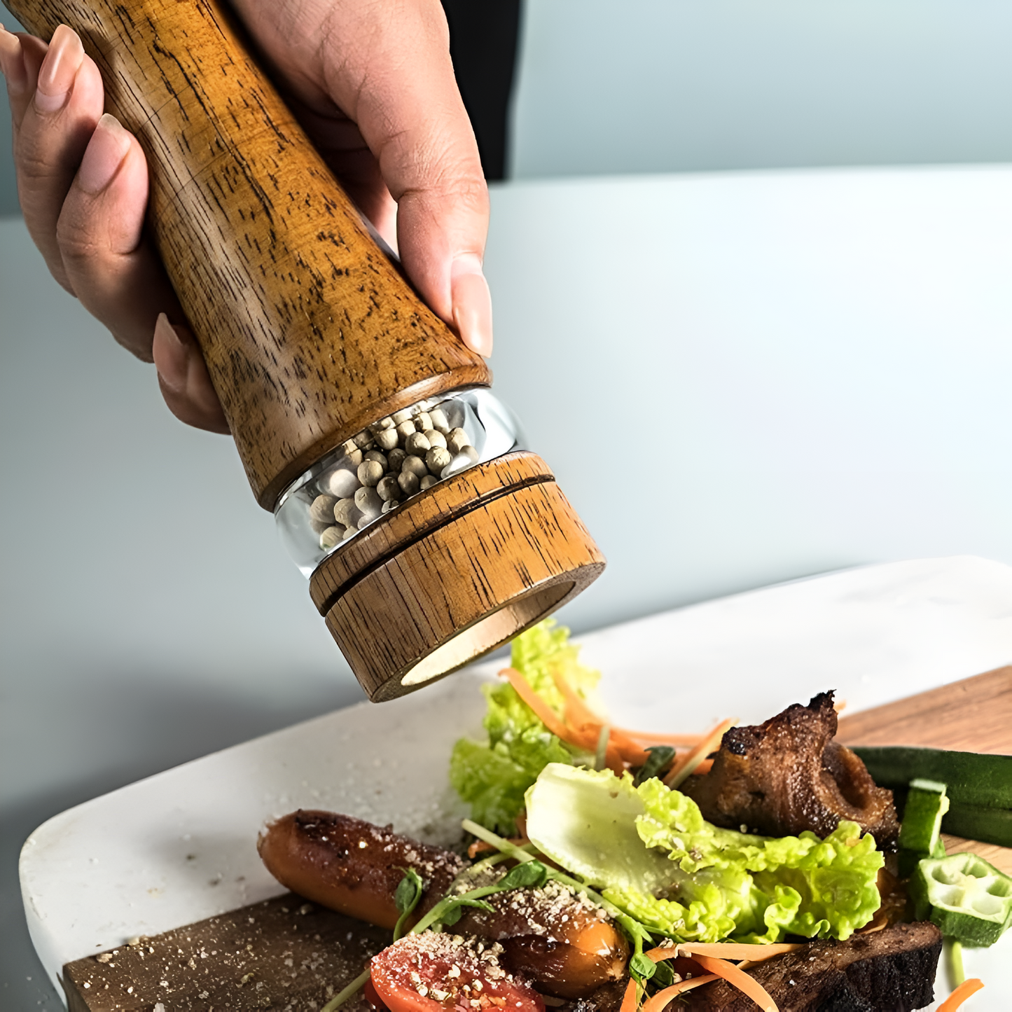 Rustic Oak Salt and Pepper Grinder Set with Adjustable Coarseness