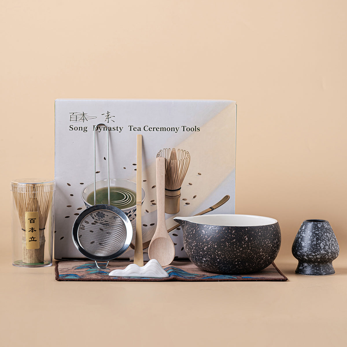 Japanese Black Matcha Tea Set with Bamboo Whisk and Ceramic Accessories