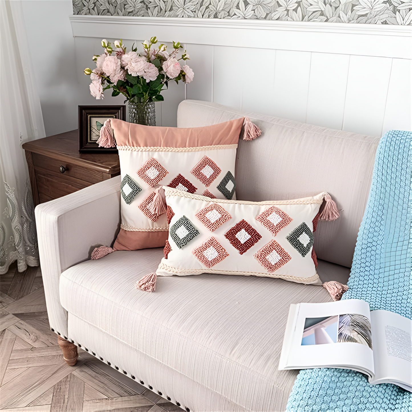 Tufted Cotton Rainbow Geometric Cushion Cover