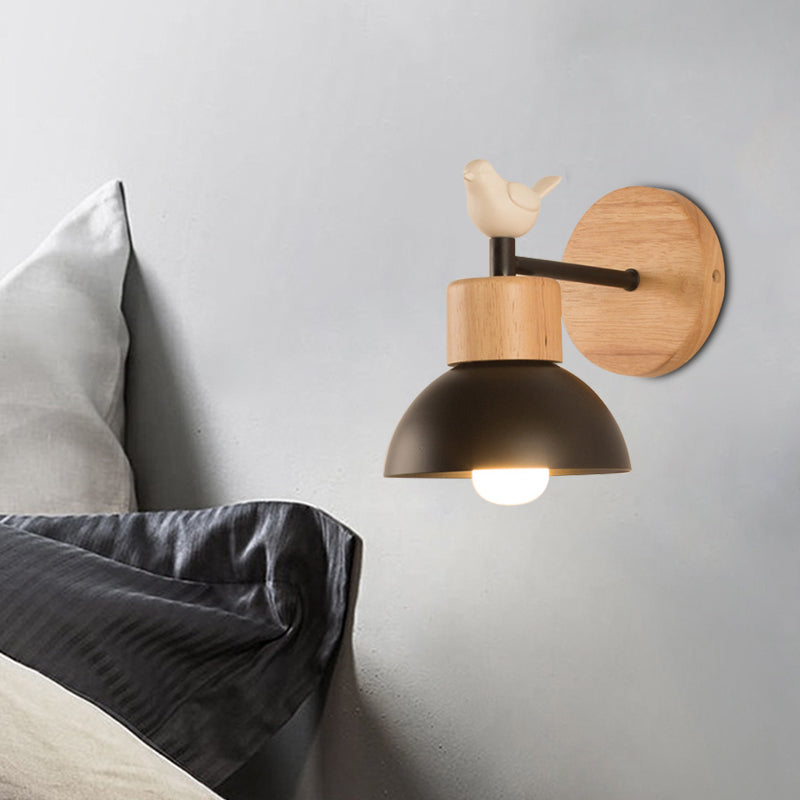 Metal and Wood Scandinavian Wall Lamp with Bird Accent for Kids Room