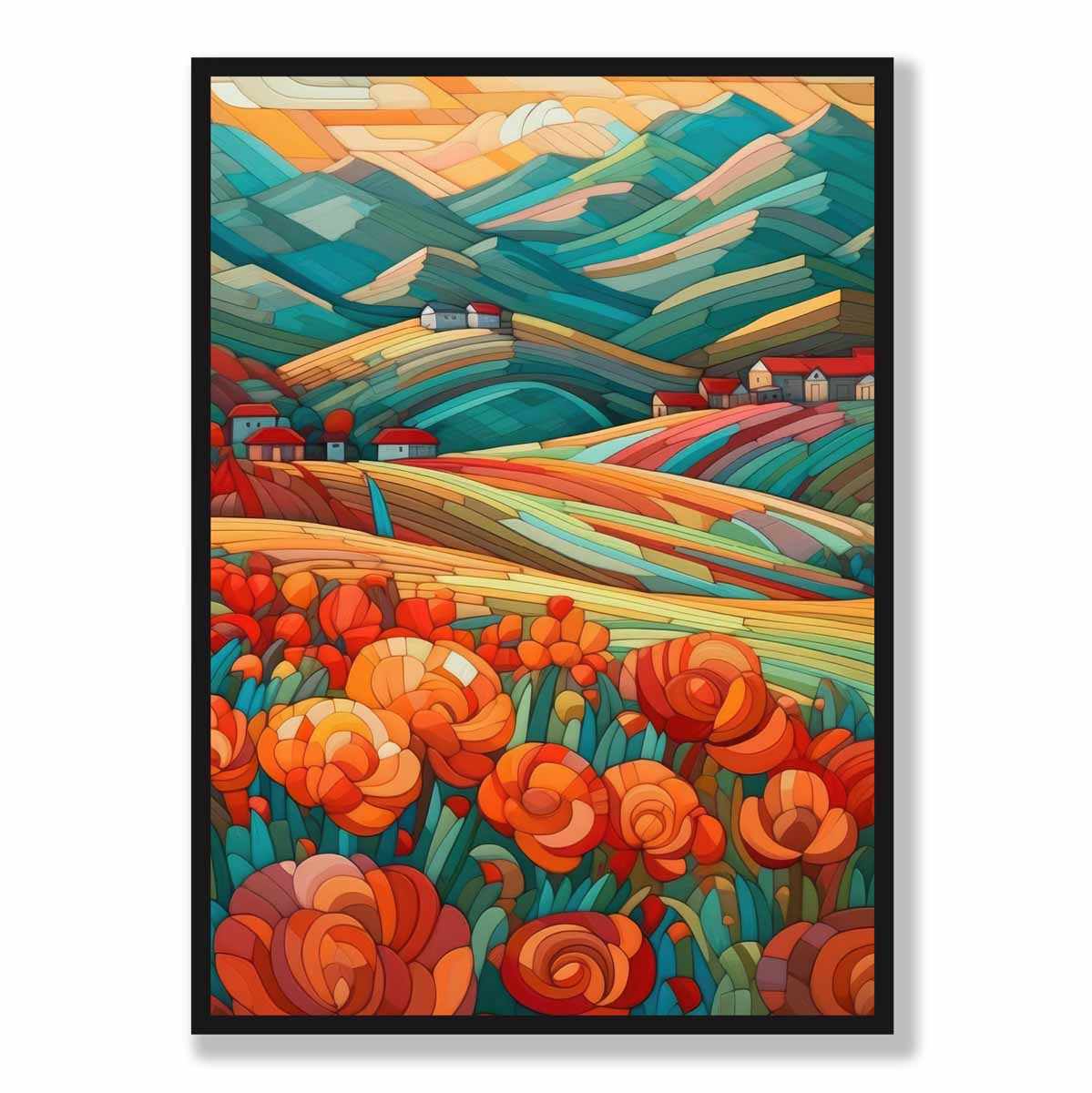 Colorful Abstract Landscape Art Print with Red Flowers