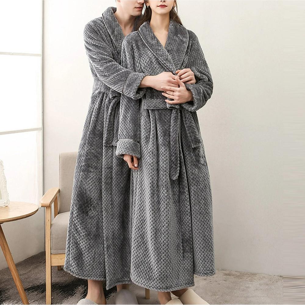 Unisex Fleece Winter Bathrobe with Pockets and Belt