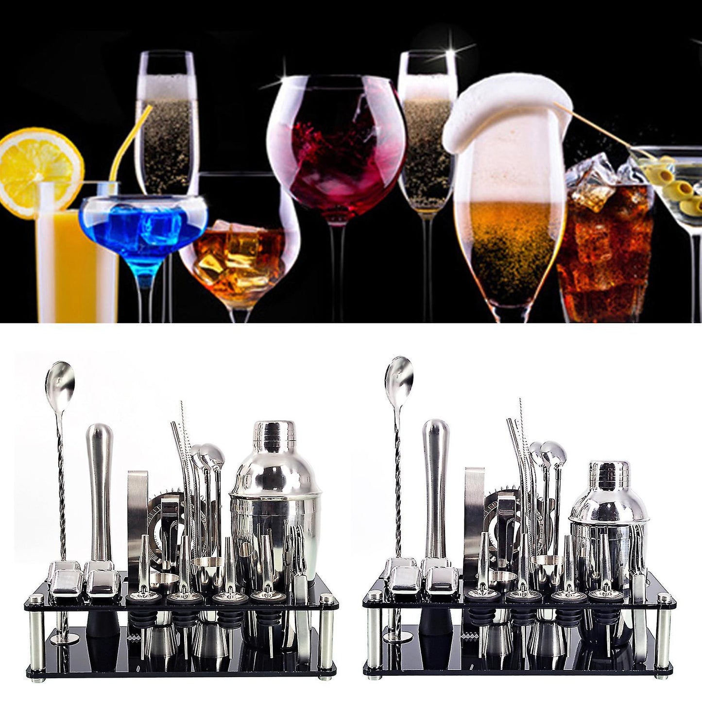 23-Piece Stainless Steel Cocktail Shaker Set with Bamboo Stand
