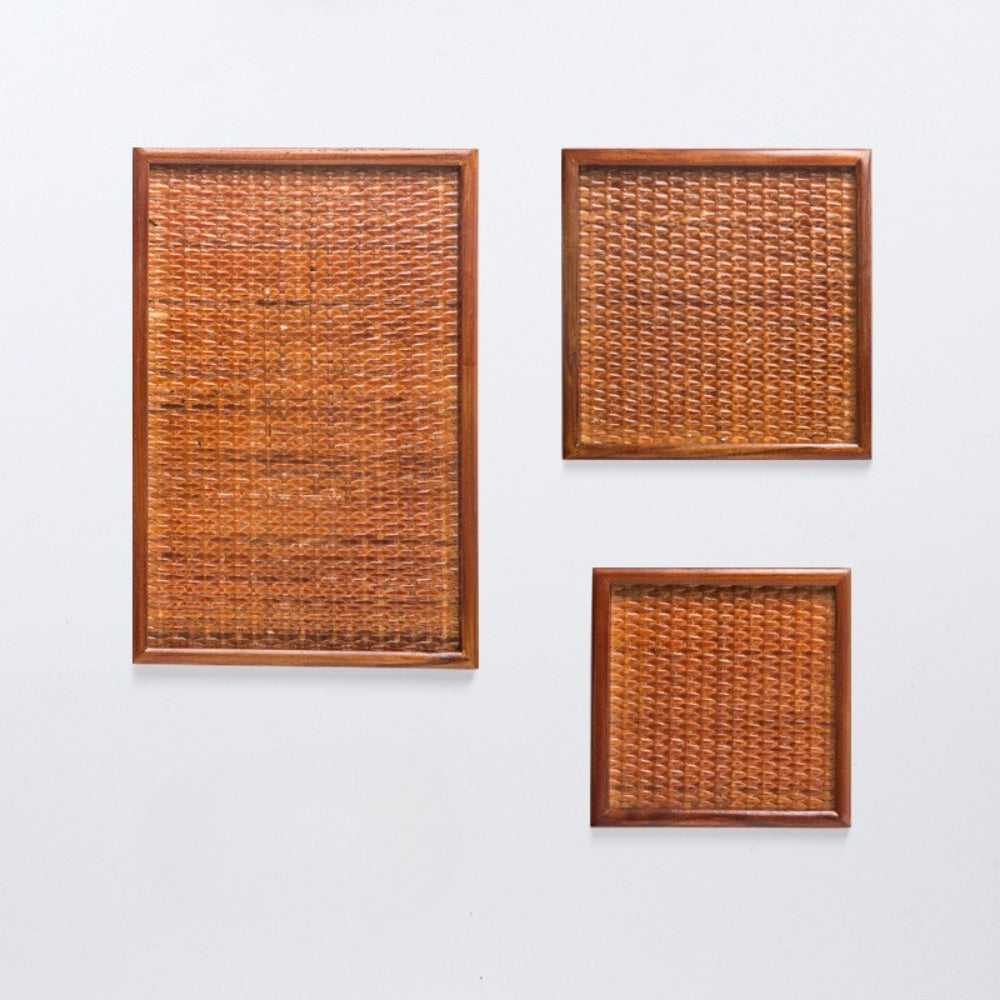Rattan-Inspired Wooden Tea Tray Set