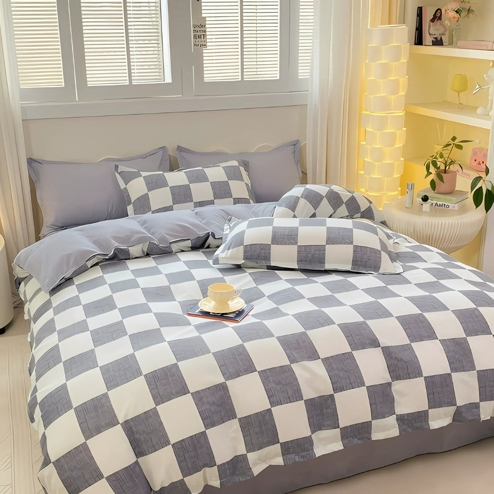 Checkered Cotton-Microfiber Duvet Cover Set with Pillowcases