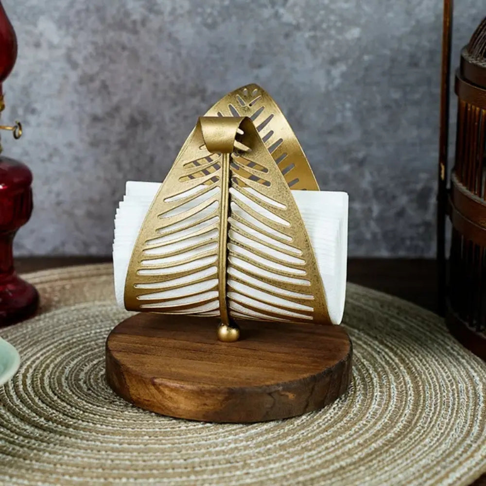 Iron Leaf Tissue Holder with Wooden Base