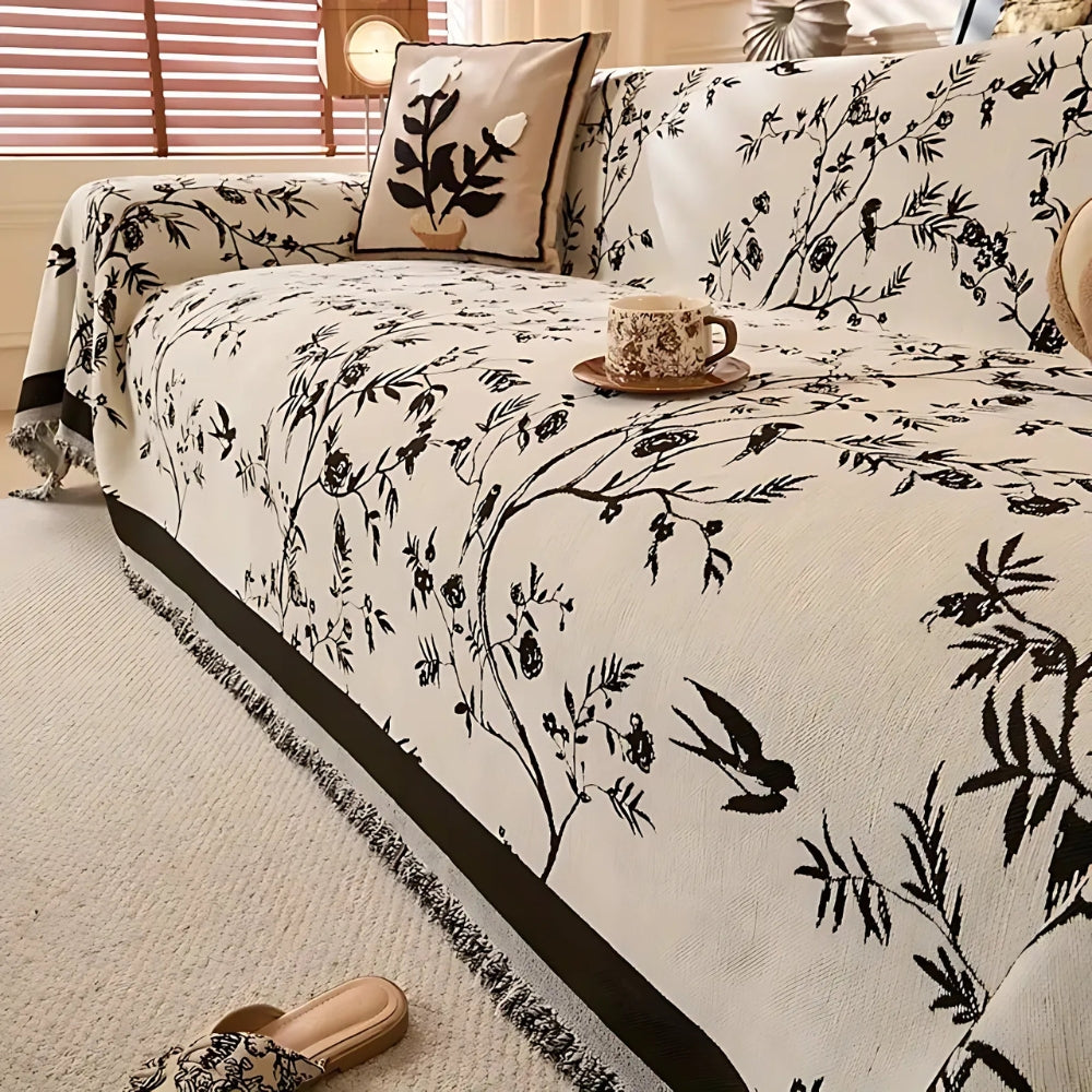 Elegant Floral Chenille Sofa Cover with Tassel Trim