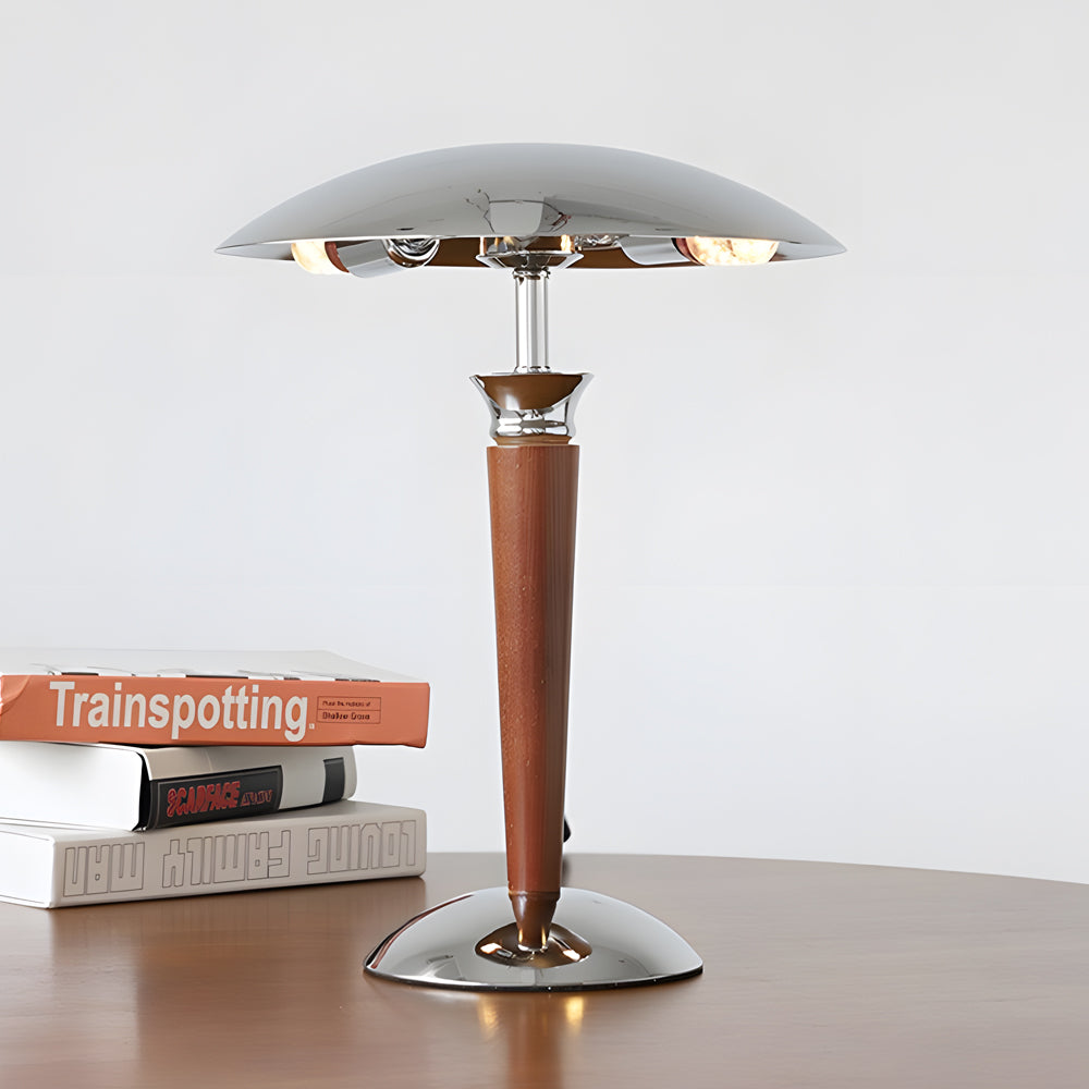 Retro Mushroom Table Lamp with Dimming Function in Chrome and Wood