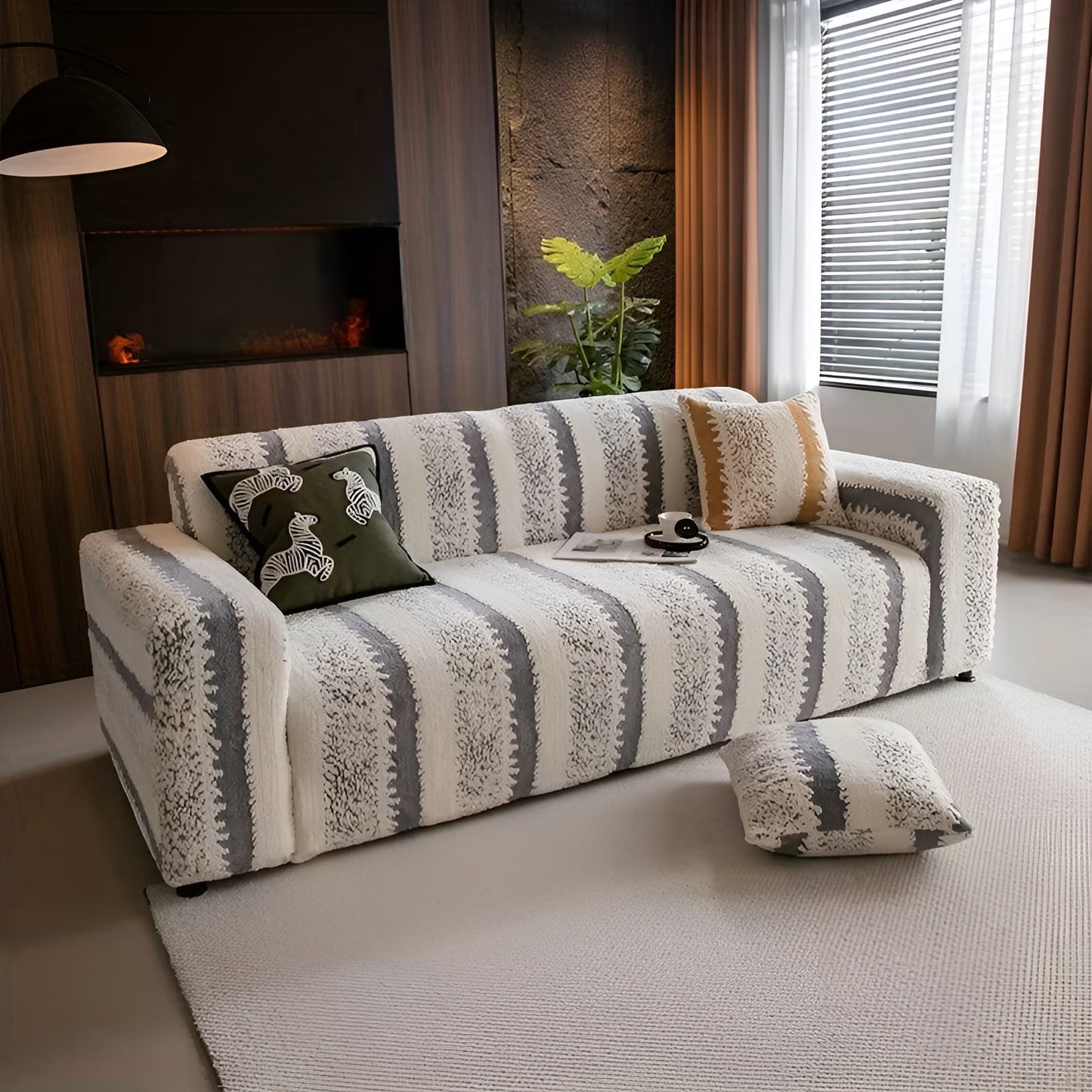 Plush Vertical Striped Sofa Cover Set - Soft Polyester Protection