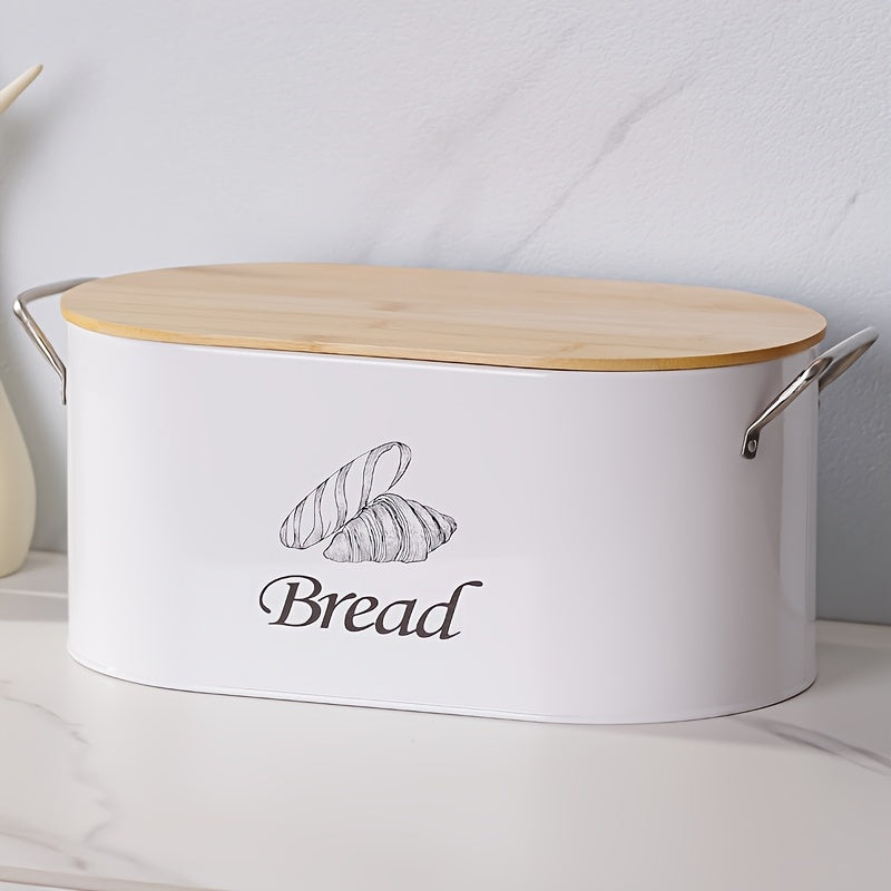 White Oval Bread Box with Bamboo Cutting Board Lid