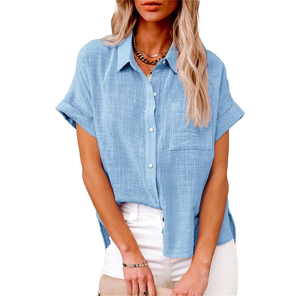 Women’s Loose Fit Cotton-Linen Blouse with Button Closure and Short Sleeves