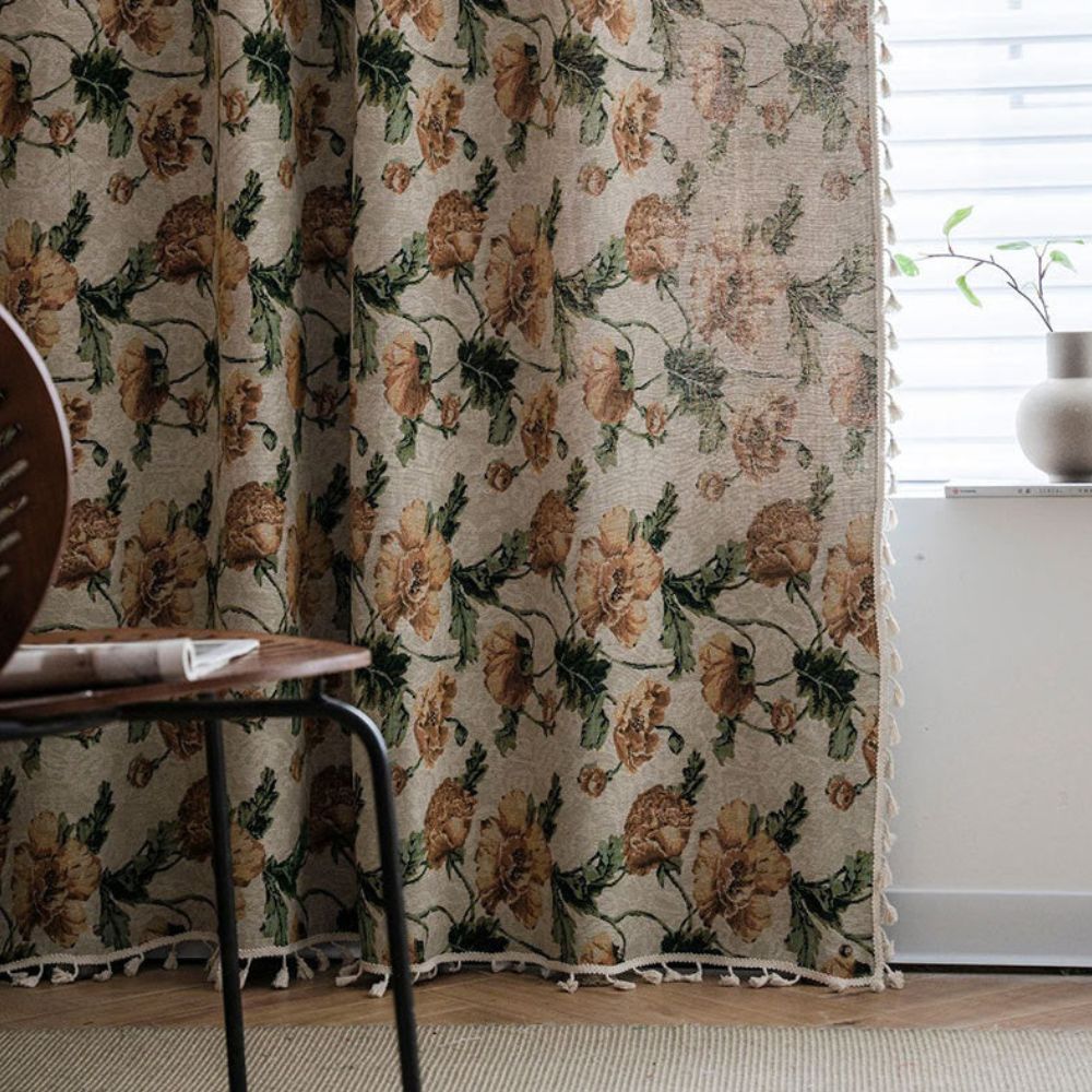 Beige Floral Light Filtering Curtain with Tassels