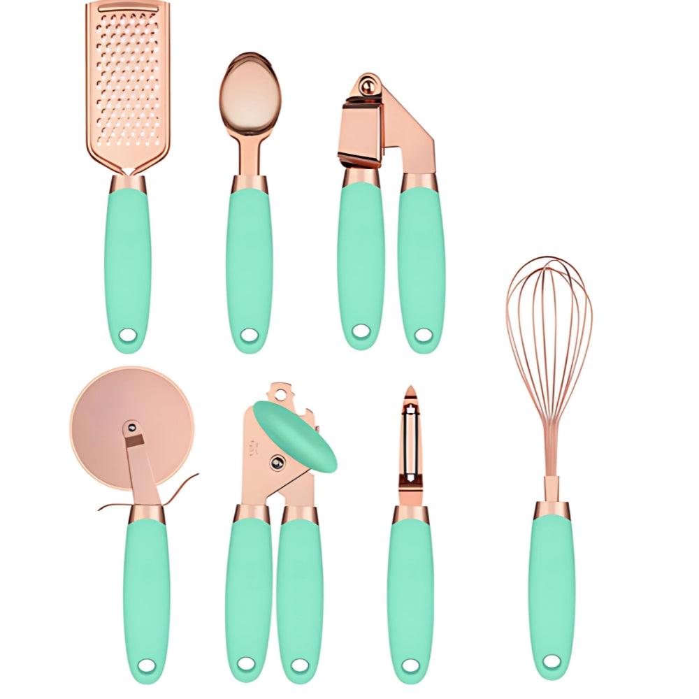 Rose Gold Stainless Steel Cooking Utensil Set with Silicone Handles