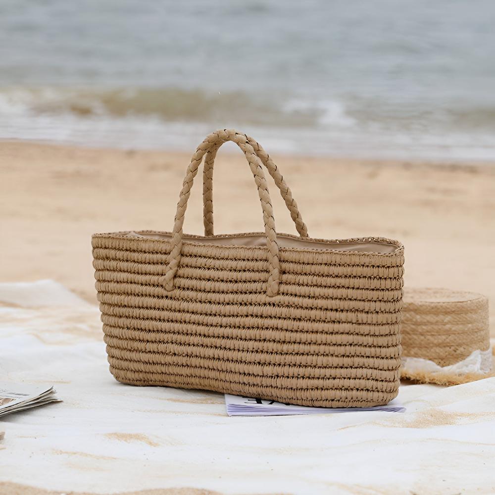 Natural Woven Straw Tote Bag with Drawstring Closure
