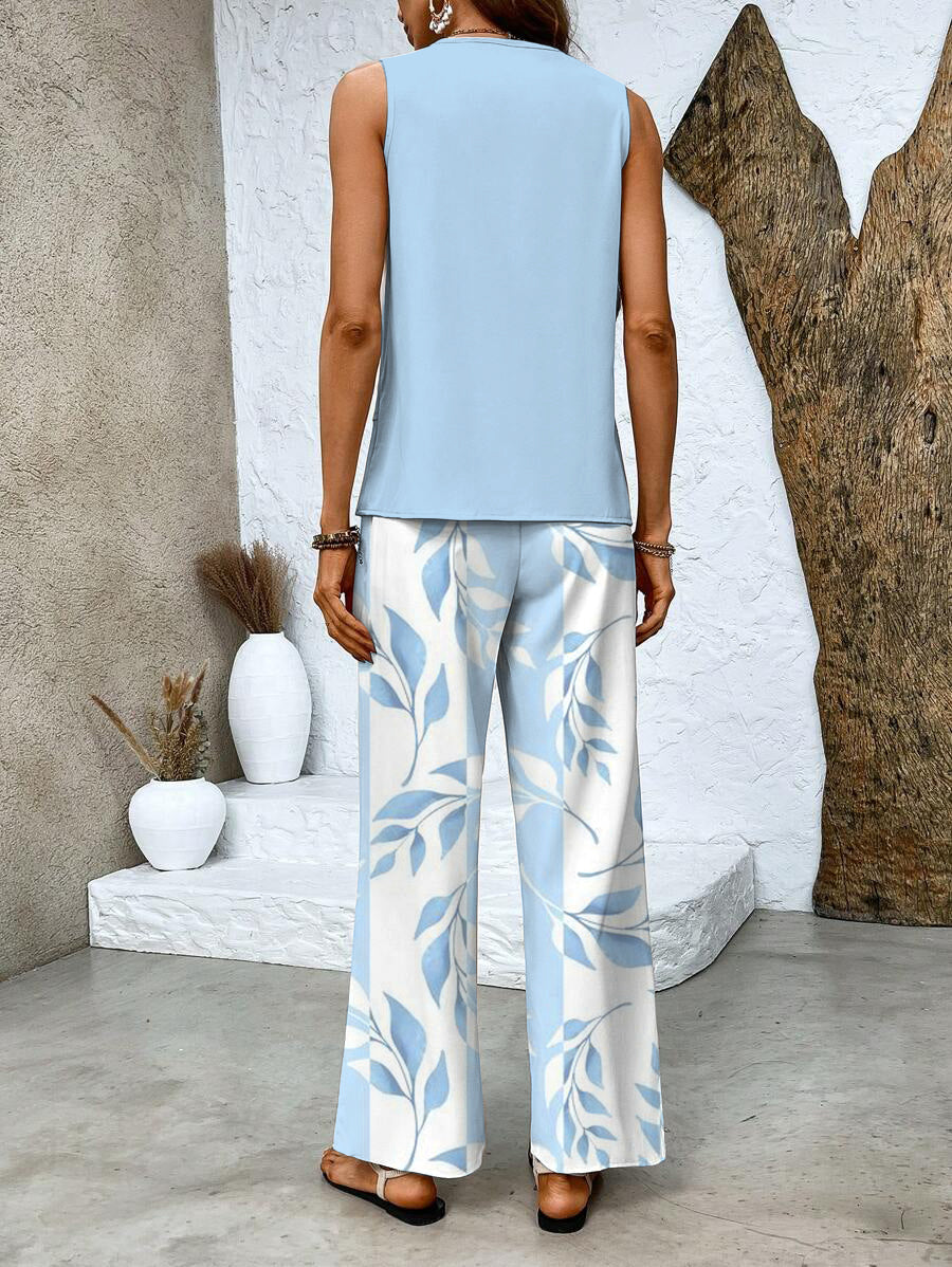 Sleeveless Summer Two-Piece Set with Wide-Leg Leaf Pattern Pants