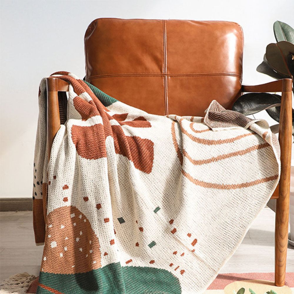Abstract Knitted Throw Blanket in Cotton Linen