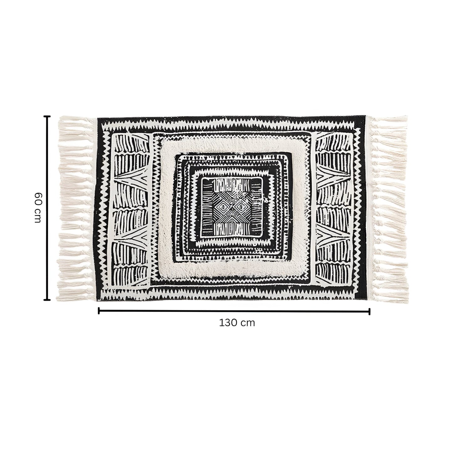 Boho Black and White Geometric Tassel Floor Mat