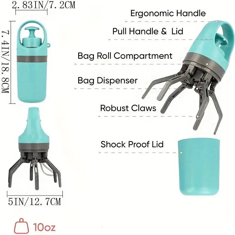Portable Hands-Free Pooper Scooper with Claw Grip and Bag Dispenser
