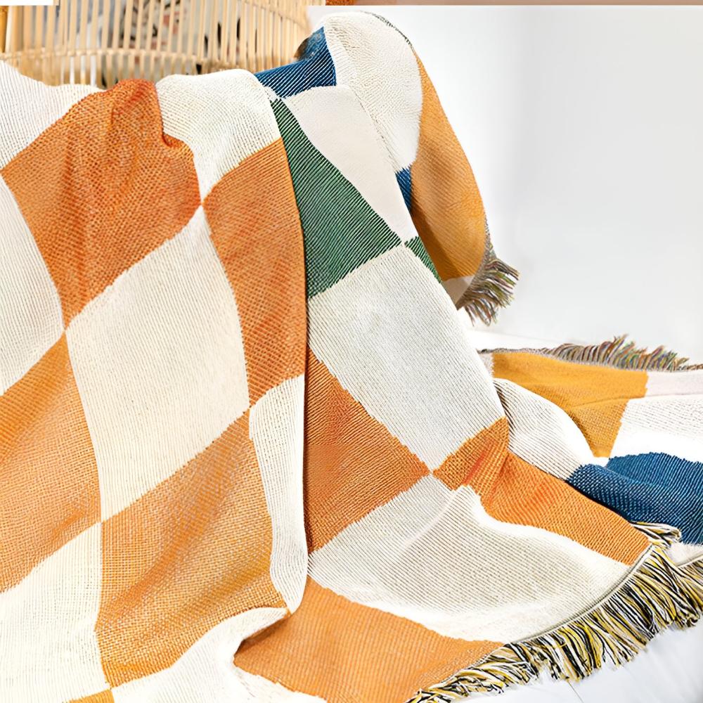 Colorful Checkerboard Tassel Throw Blanket