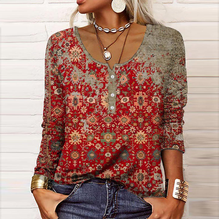Vintage Floral Long Sleeve V-Neck Women's Top