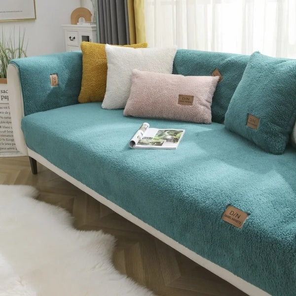 Waterproof Sherpa Fleece Sofa Cover with Anti-Slip Base