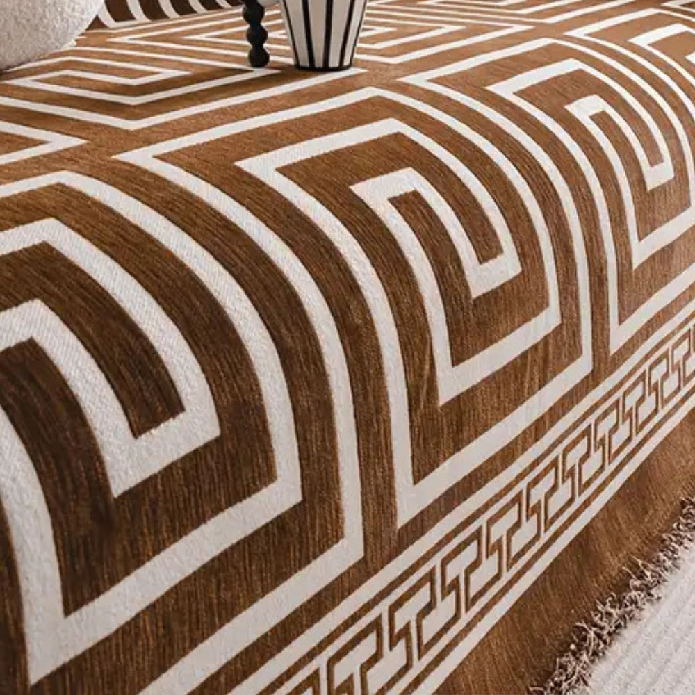 Chenille Sofa Cover with Bohemian Tassels and Greek Key Pattern