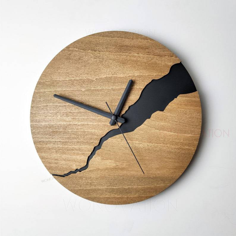 Rustic Wall Clock with Weathered Wood Finish and Cracked Design