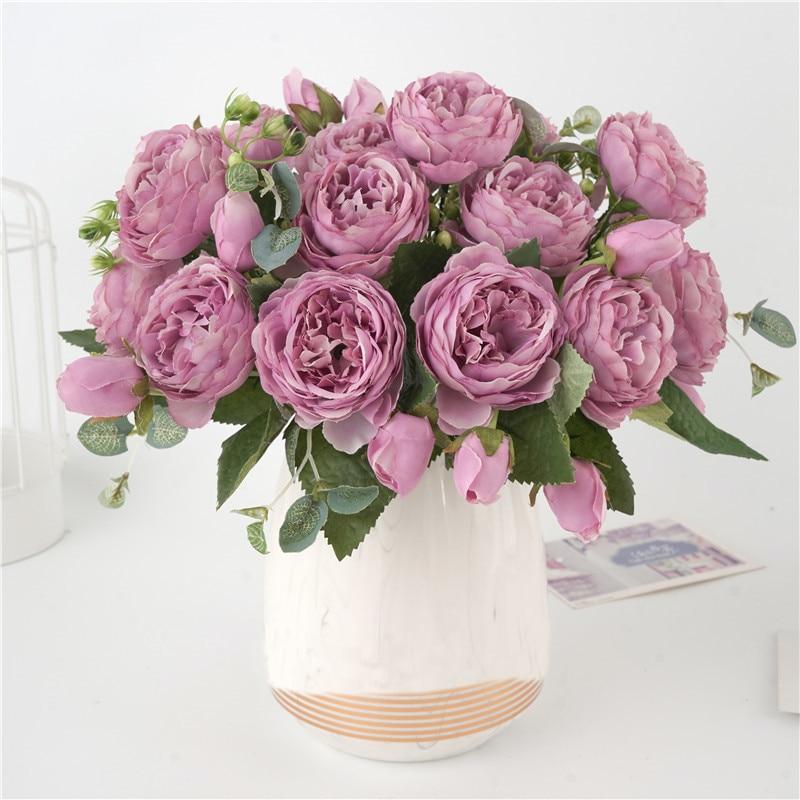 Artificial Peonies Floral Arrangement - Non-Woven Fabric, 5 Large Heads, 4 Buds