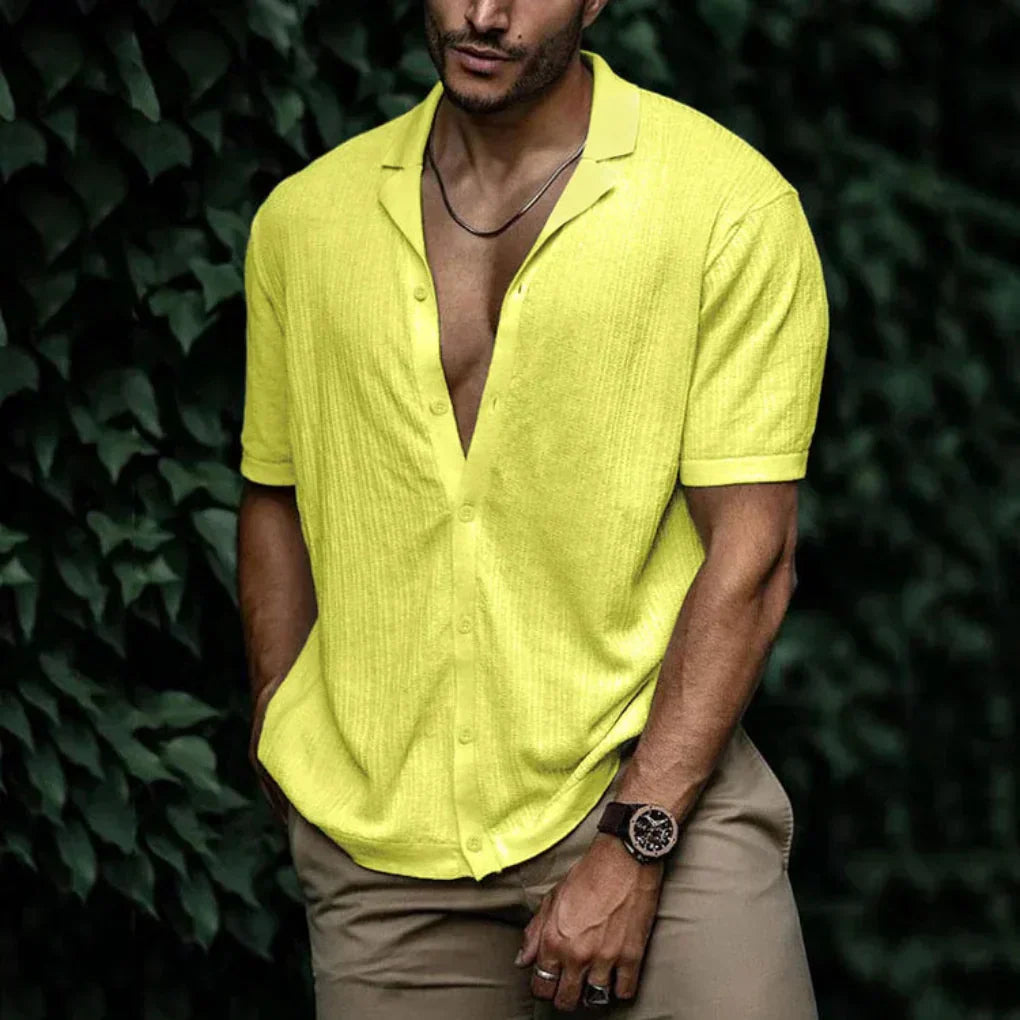 Breathable Linen Short Sleeve Men's Shirt with Button Closure