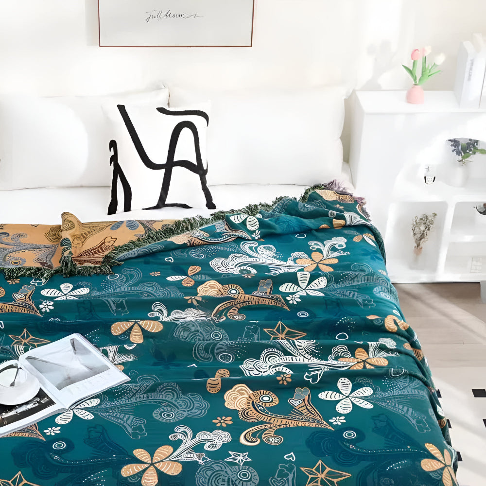 Teal Floral Paisley Throw Blanket with Fringe