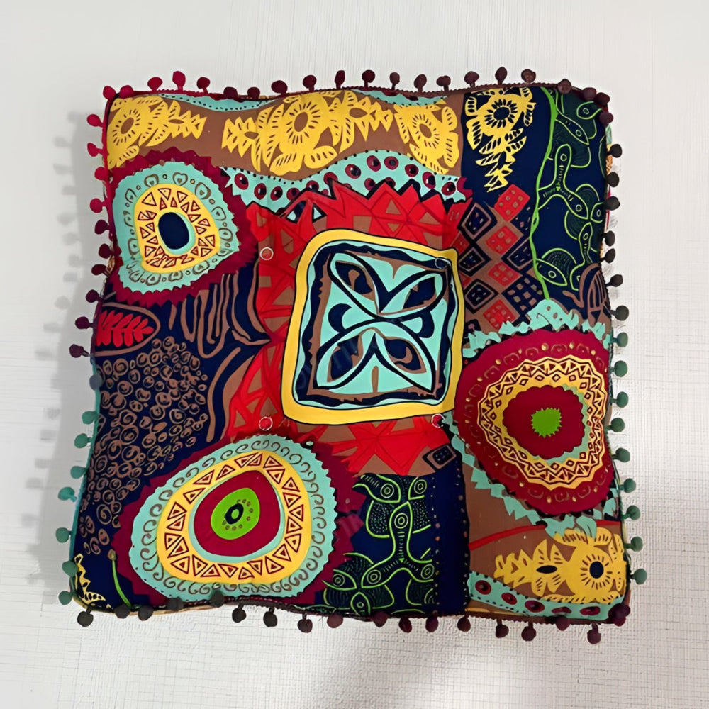 Bohemian Square Floor Cushion with Pom-Pom Edges