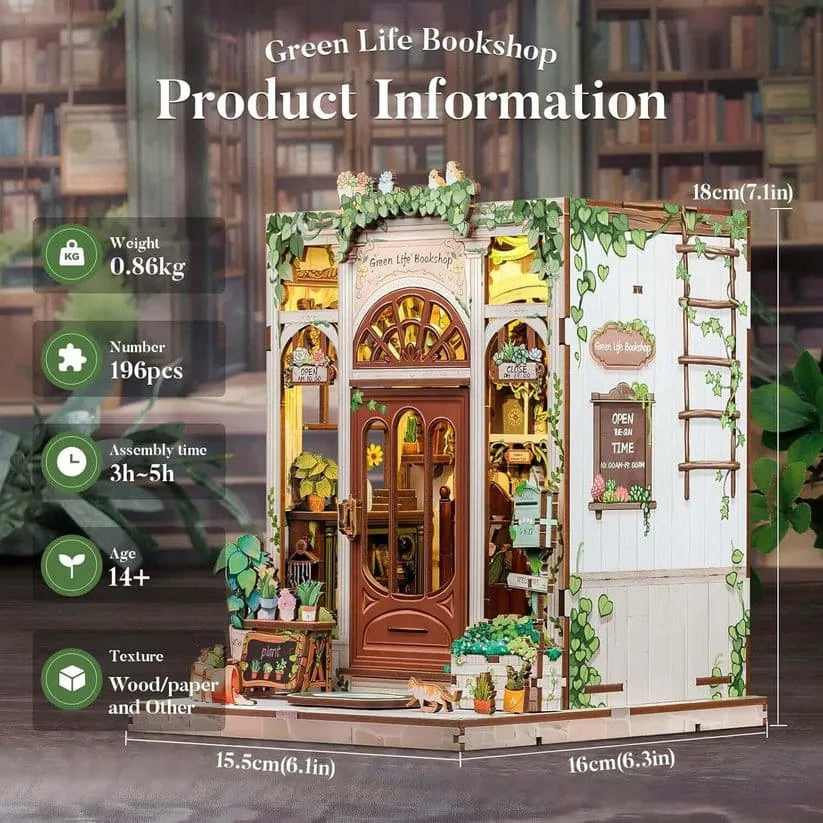 DIY Green Bookshop Miniature Book Nook Kit