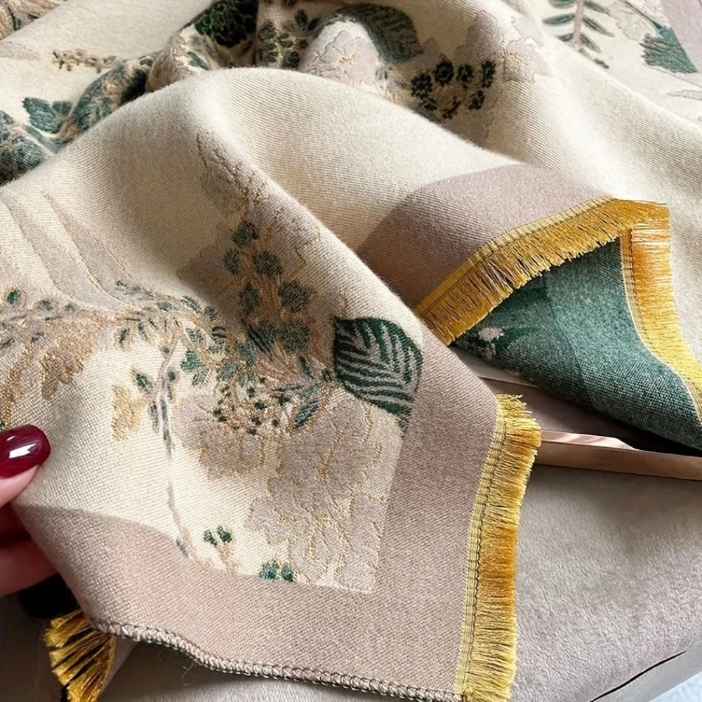 Reversible Floral Jacquard Scarf with Fringe Detail