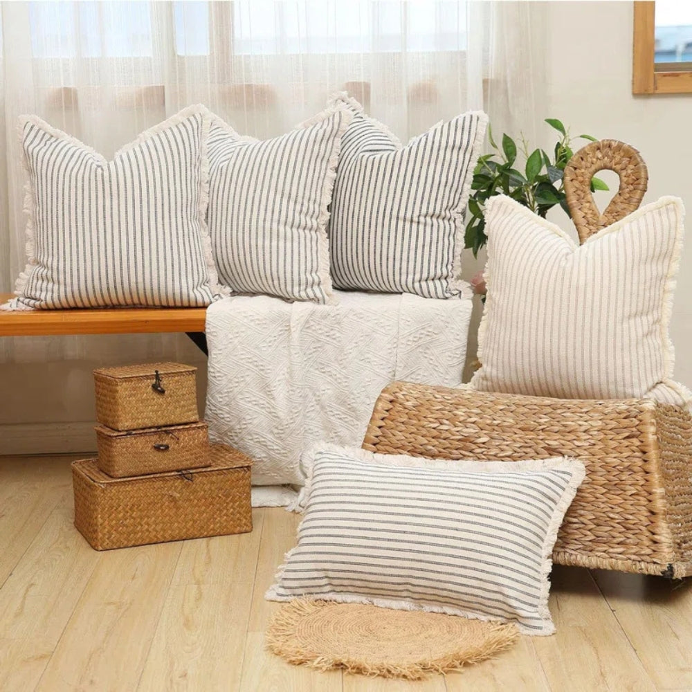 Striped Cotton-Linen Cushion Cover with Fringe