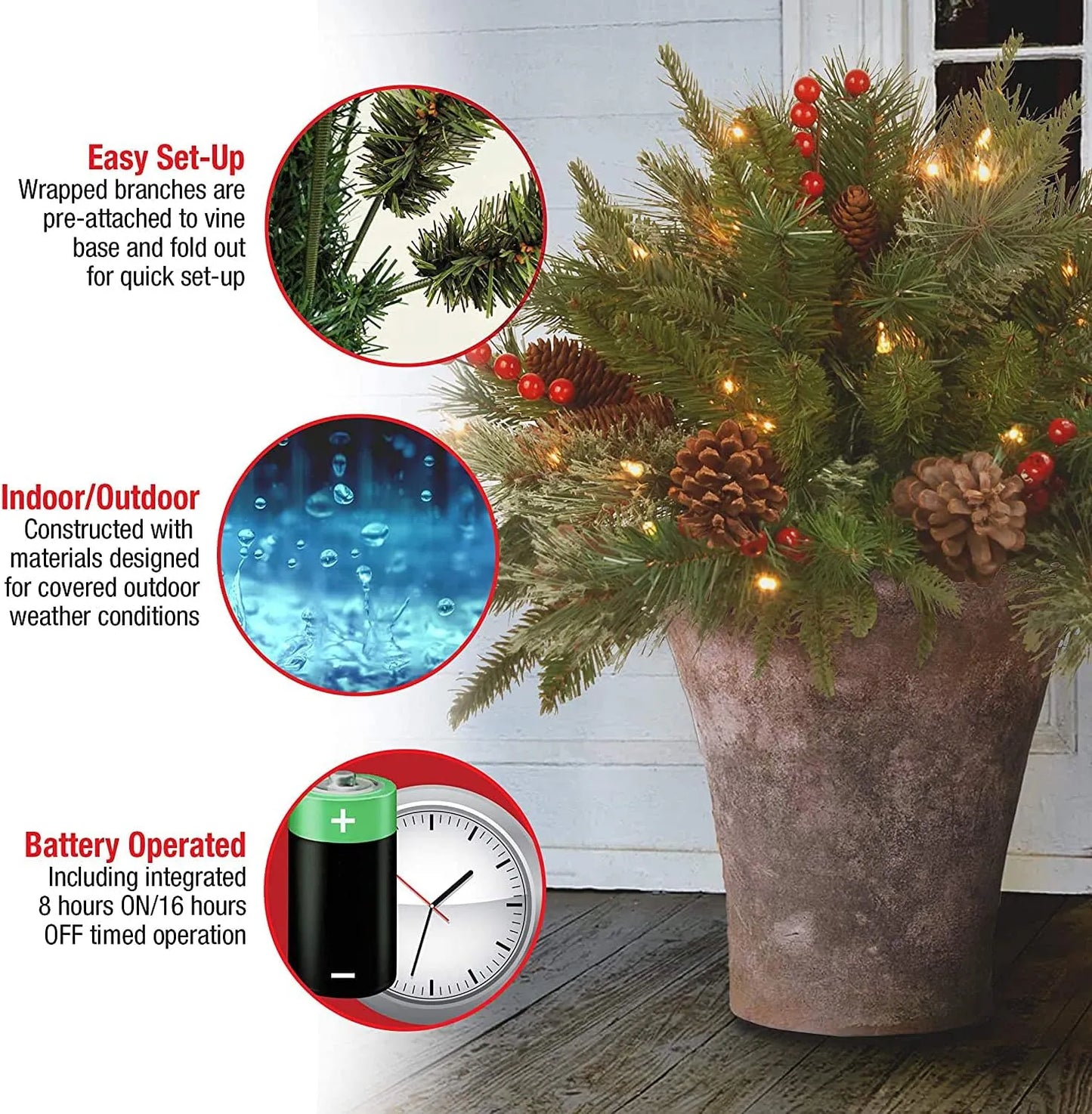 Pre-lit Feel Real Artificial Christmas Urn Filler with Timer and LED Lights