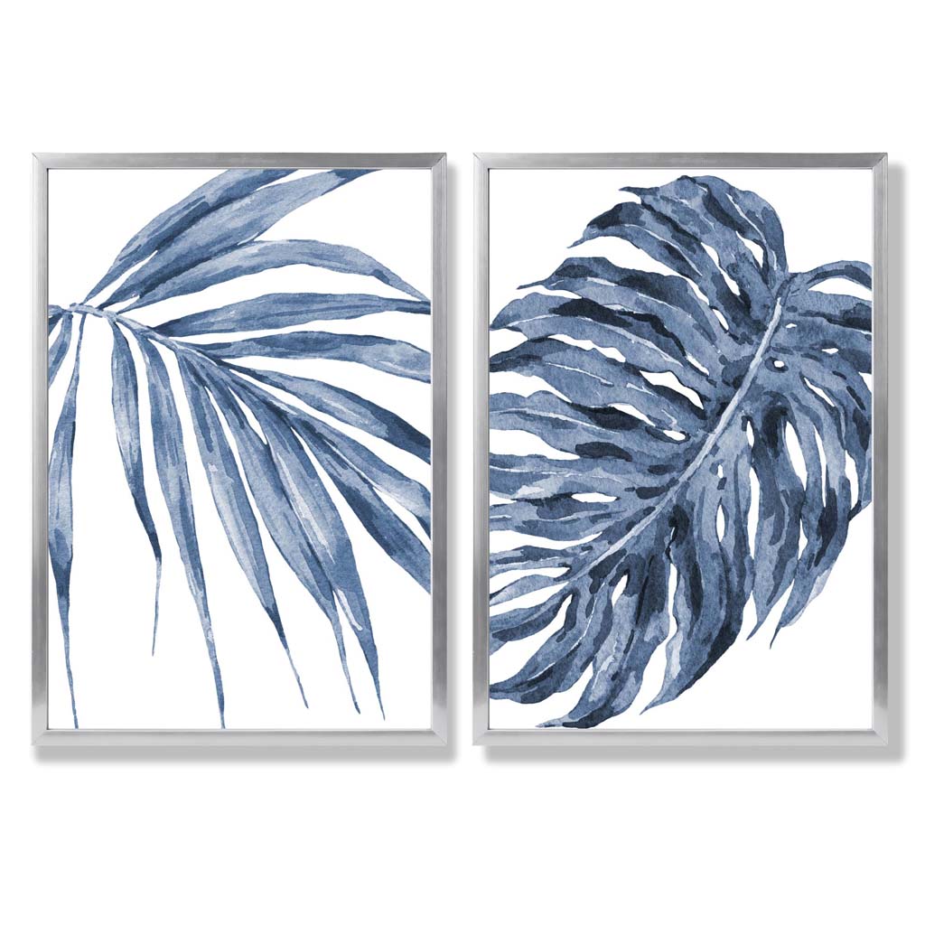 Blue Monstera Papyrus Watercolor Art Prints, Framed Set of 2