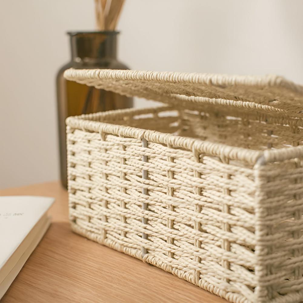 Rustic Rattan Tissue Box with Leather Accents