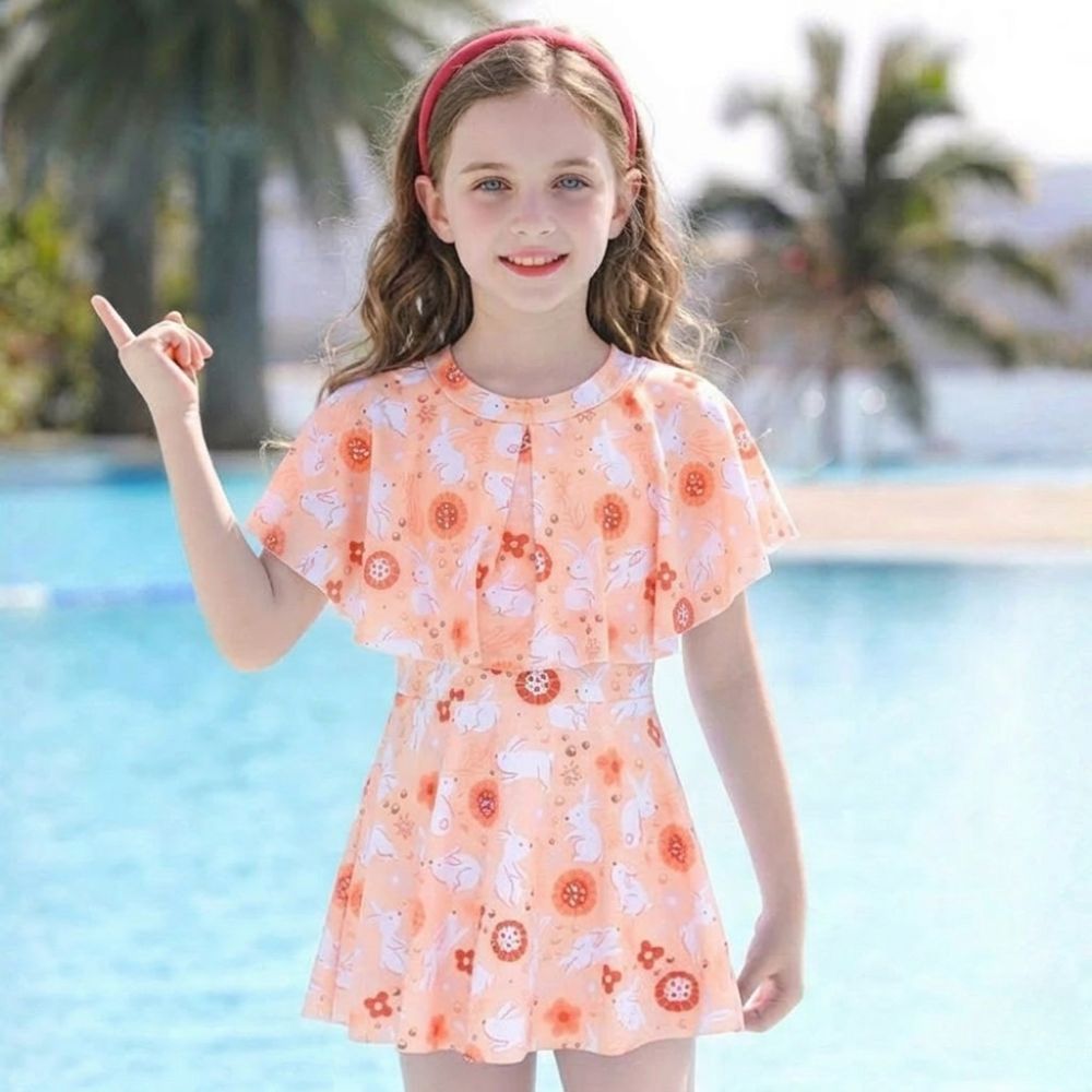 Girls' Quick-Drying Swimsuit Set with Skirt for Beach and Pool