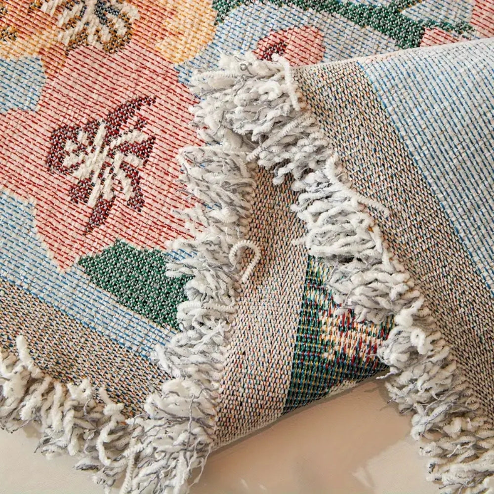 Reversible Floral Chenille Sofa Cover with Tassels
