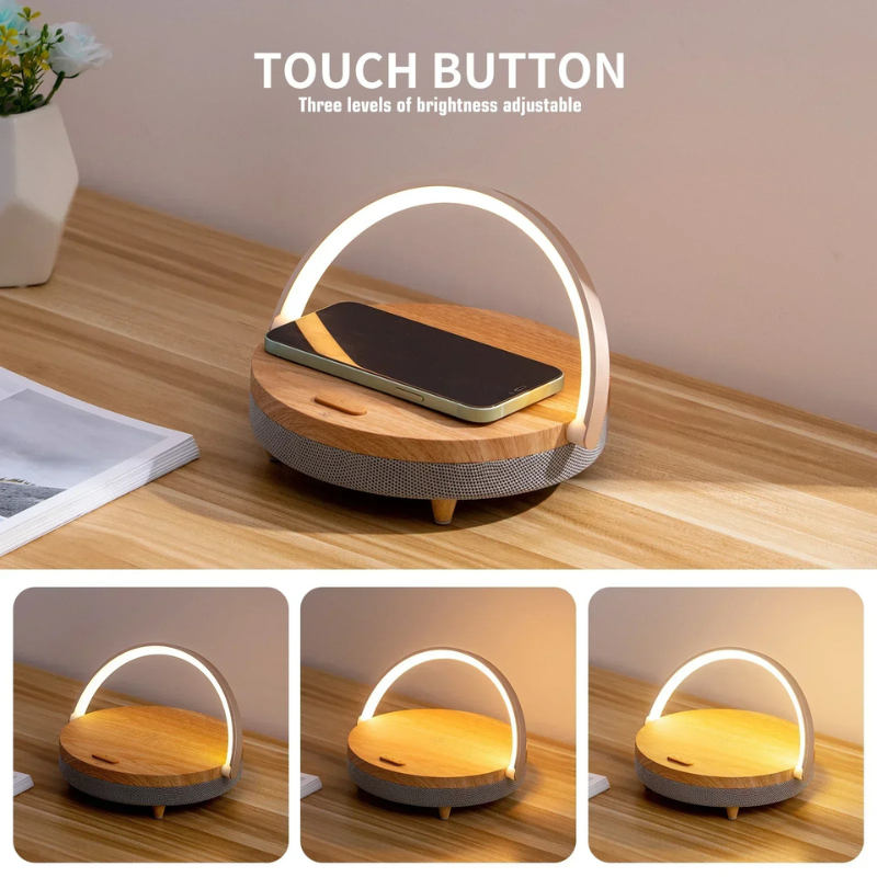 Multifunctional Wooden Table Lamp with Bluetooth Speaker and Wireless Charger