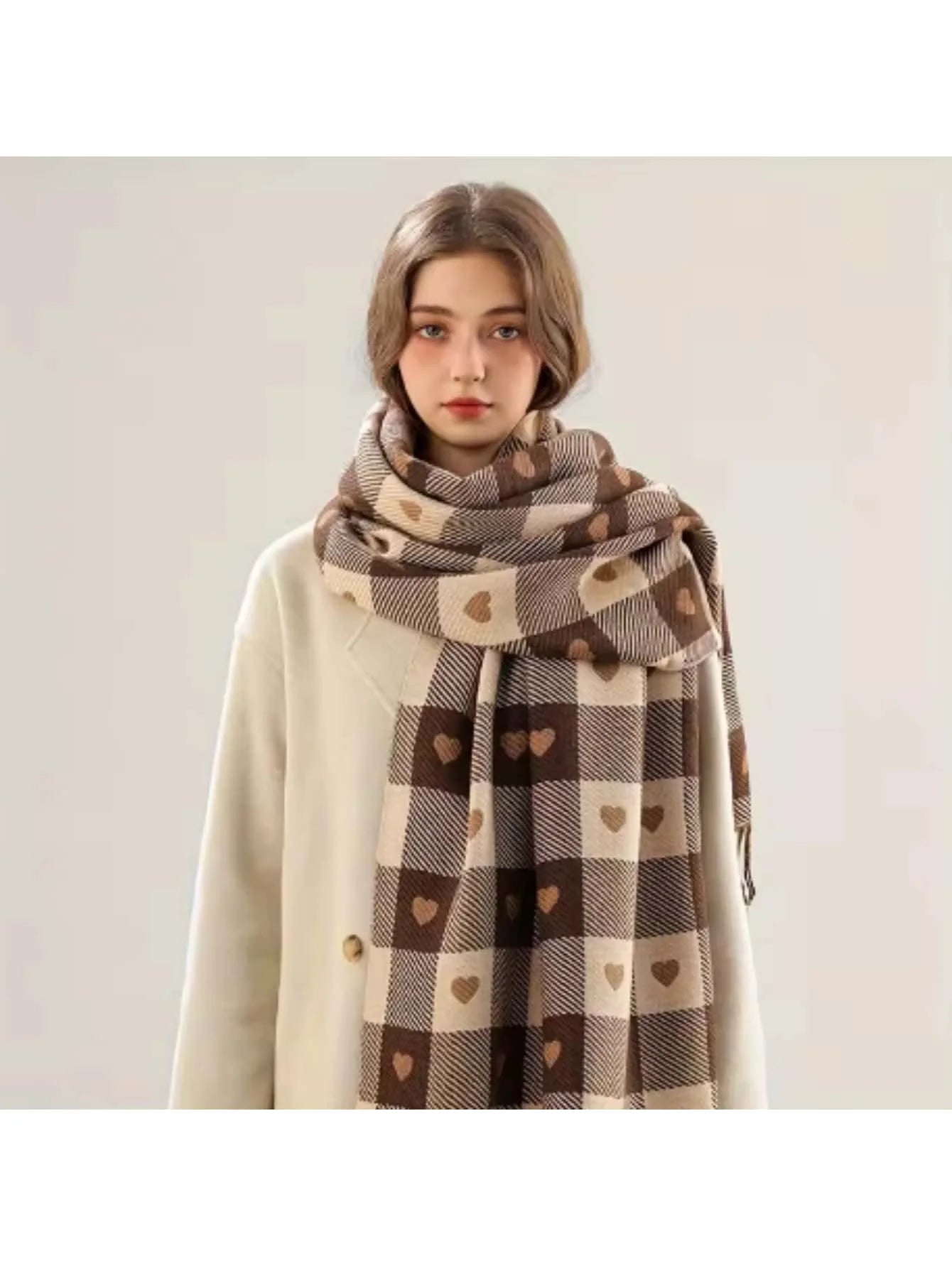 Long Checked Winter Scarf Shawl with Fringed Ends