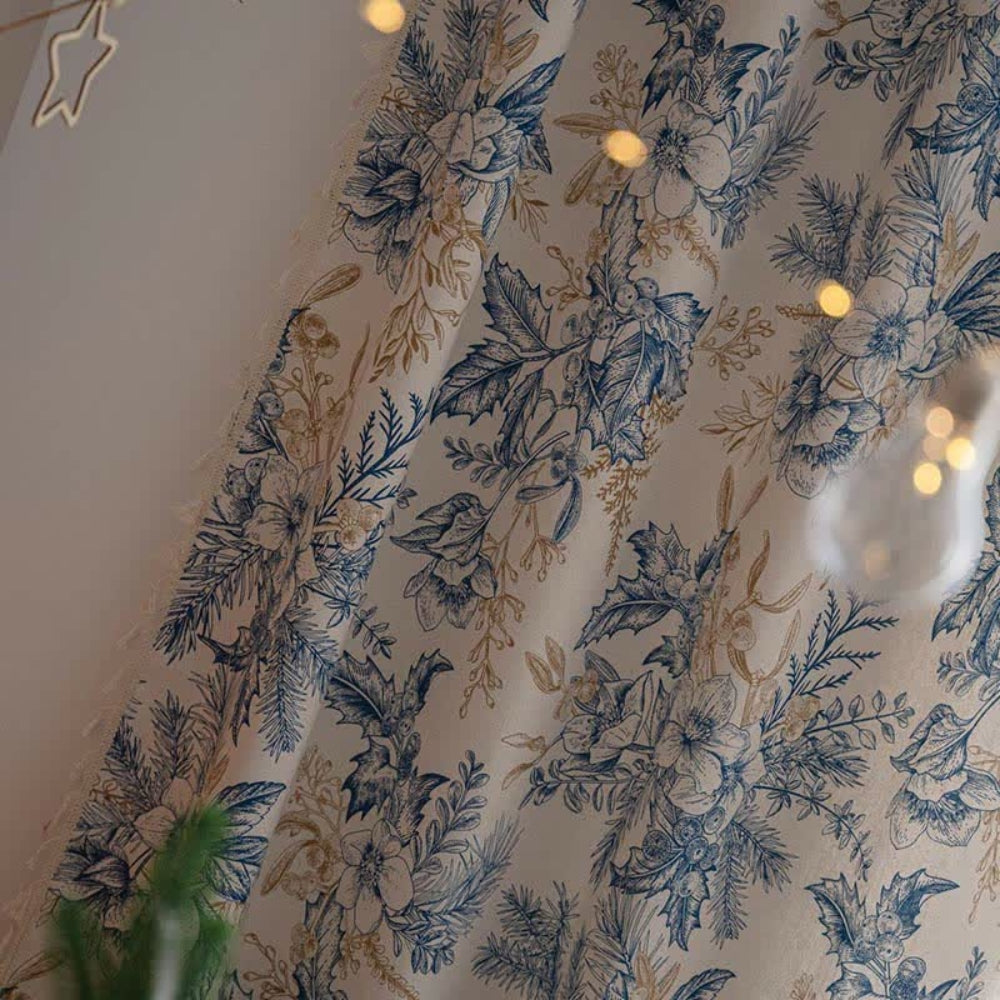 Blue Floral Semi-Blackout Curtain in Cotton-Linen Blend